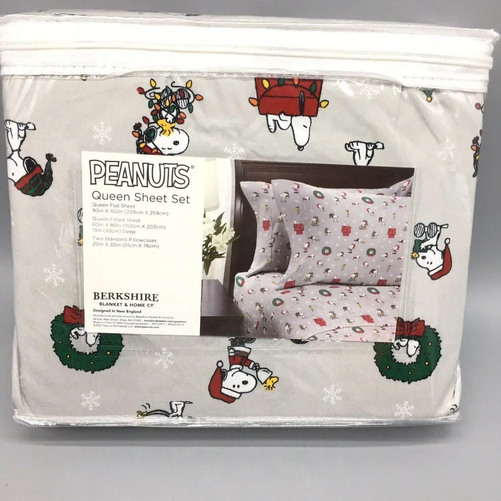 4pc Berkshire Peanuts Christmas QUEEN Sheet Set Snoopy Woodstock Snowflakes Gray